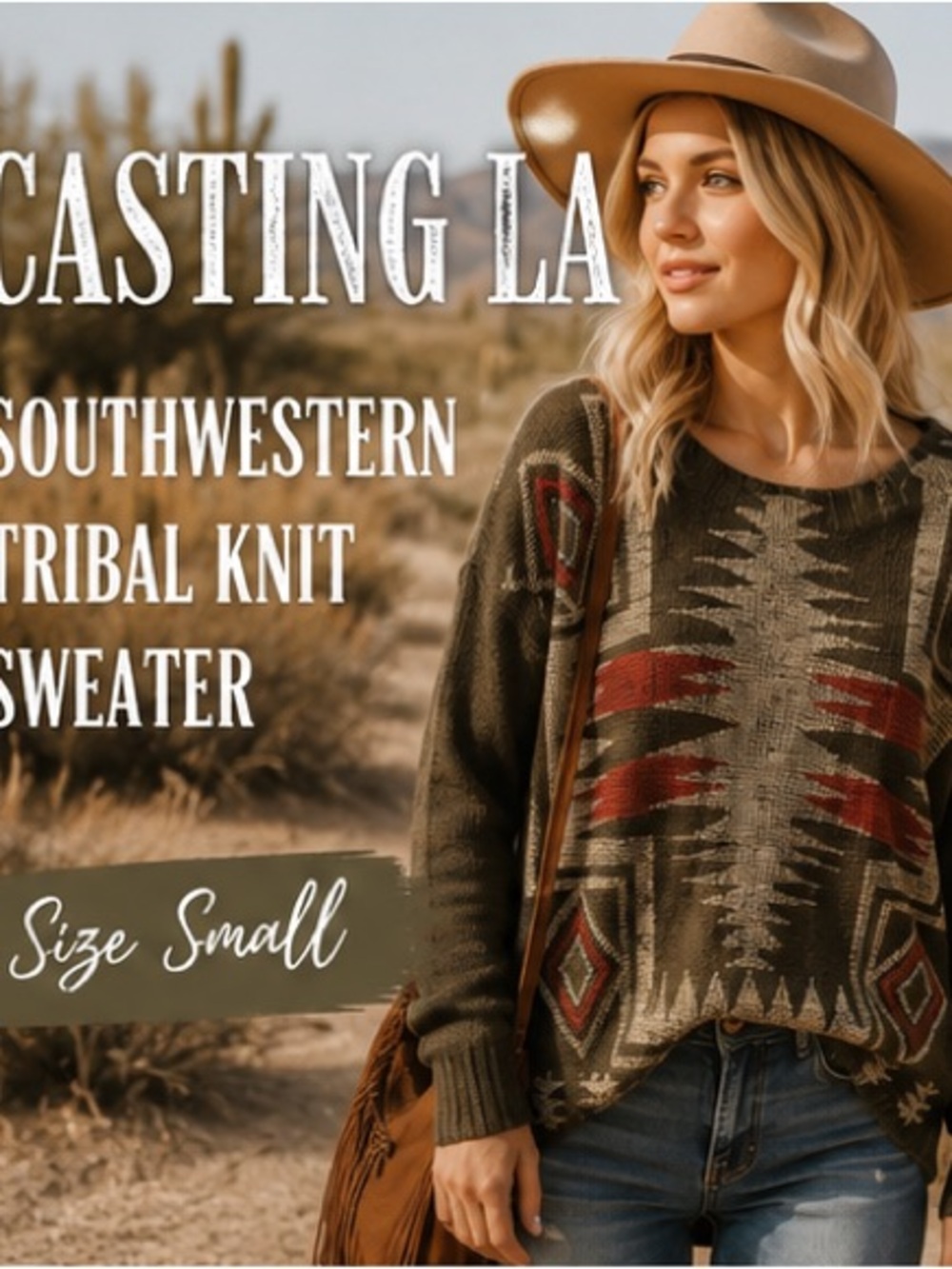 Casting LA Southwestern Aztec Knit Sweater Small Olive Brown Oversized Boho